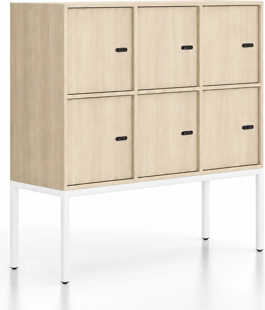 Kancelárska skriňa FRAME, nízka, biela podnož, 6x dvere, 1299 x 450 x 1331 mm, mechanický kódový zámok, dub prírodný