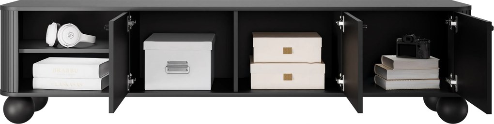 Čierna RTV skrinka Vesper 187 cm s tromi dverami - čierne úchyty / guľové nohy