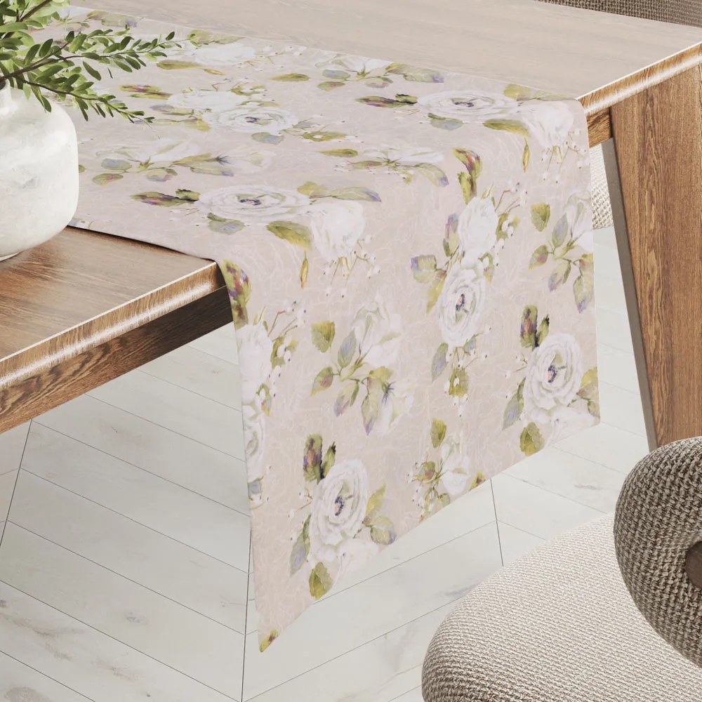 Biante Dekoračný behúň na stôl PML-059 Biele ruže s perokresbou na béžovom 45x140 cm