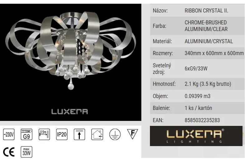 Krištáľ stropnica aluminium LUXERA 64410 RIBBON Ø60 40W