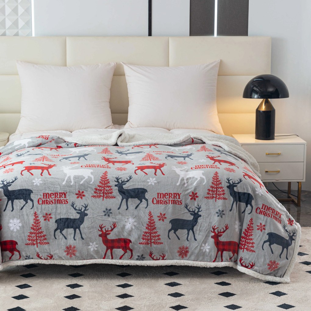 Vianočná mikroplyšová baránková deka MERRY CHRISTMAS DEER sivá Rozmer: 200 x 220 cm