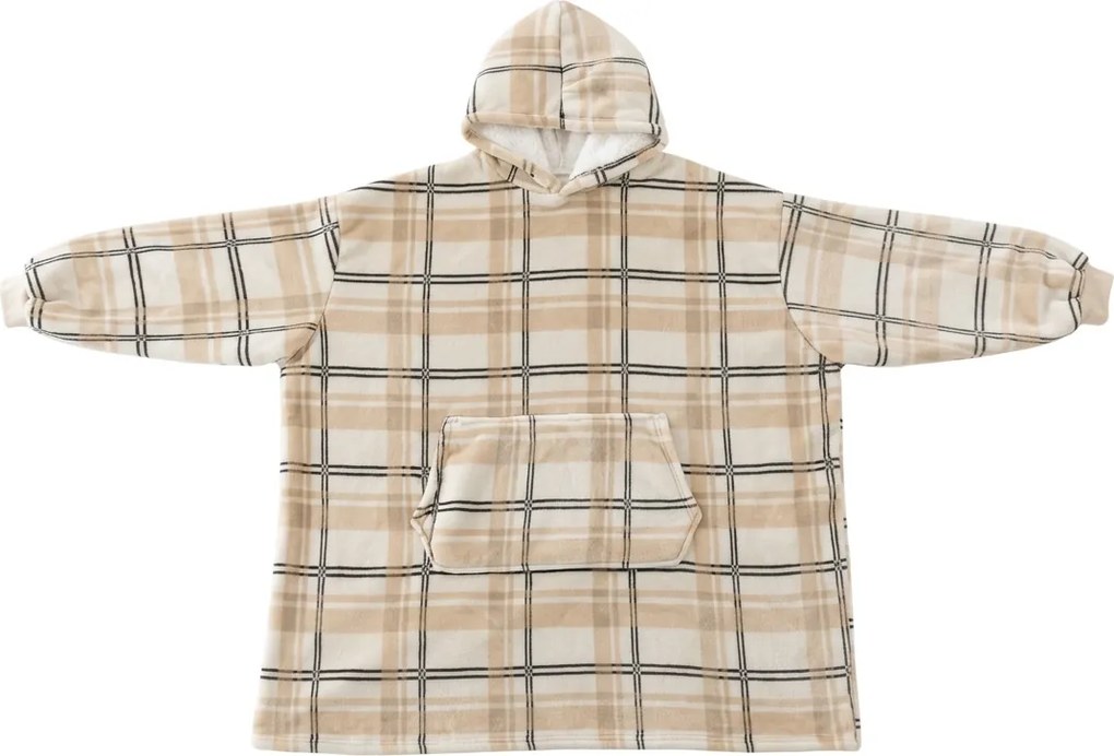 Baránková mikinová deka s rukávmi a kapucňou PLAID, krémová