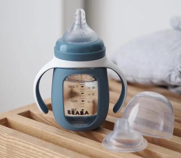 Dojčenská fľaša sklenená 2v1 210ml so silikónovou ochranou Blue