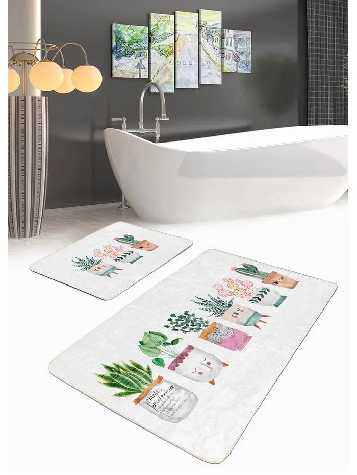 Biele zamatové kúpeľňové predložky v súprave 2 ks 60x100 cm Succulent – Mila Home