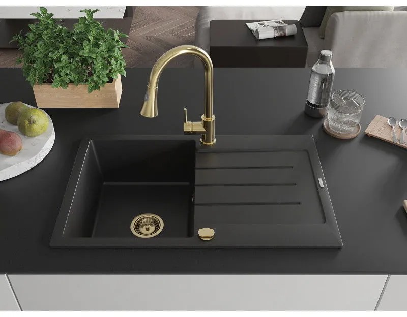Mexen Bruno, 1-komorový granitový drez 795x495x200 mm a drezová batéria Elia, čierna, 6513-77-670101-50
