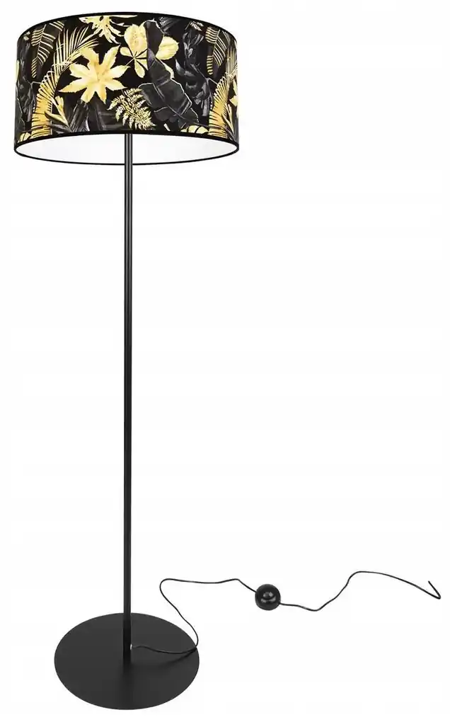 Light Home Podlahová lampa GOLD FLOWERS, 1x čierne textilné tienidlo s  kvetinovým vzorom, (fi 40cm), O | BIANO