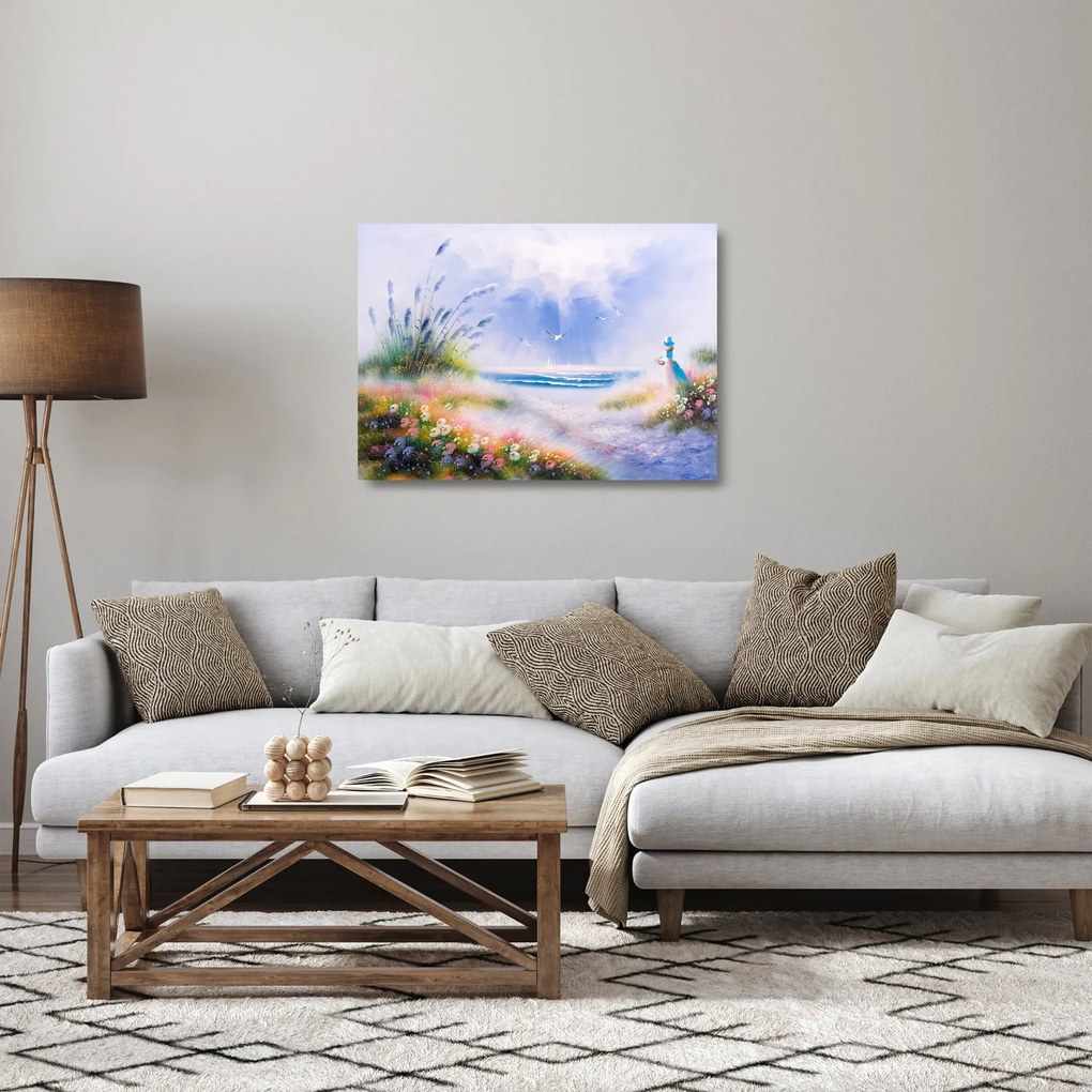 Sklenený obraz - Romantická pláž, olejomaľba (70x50 cm)