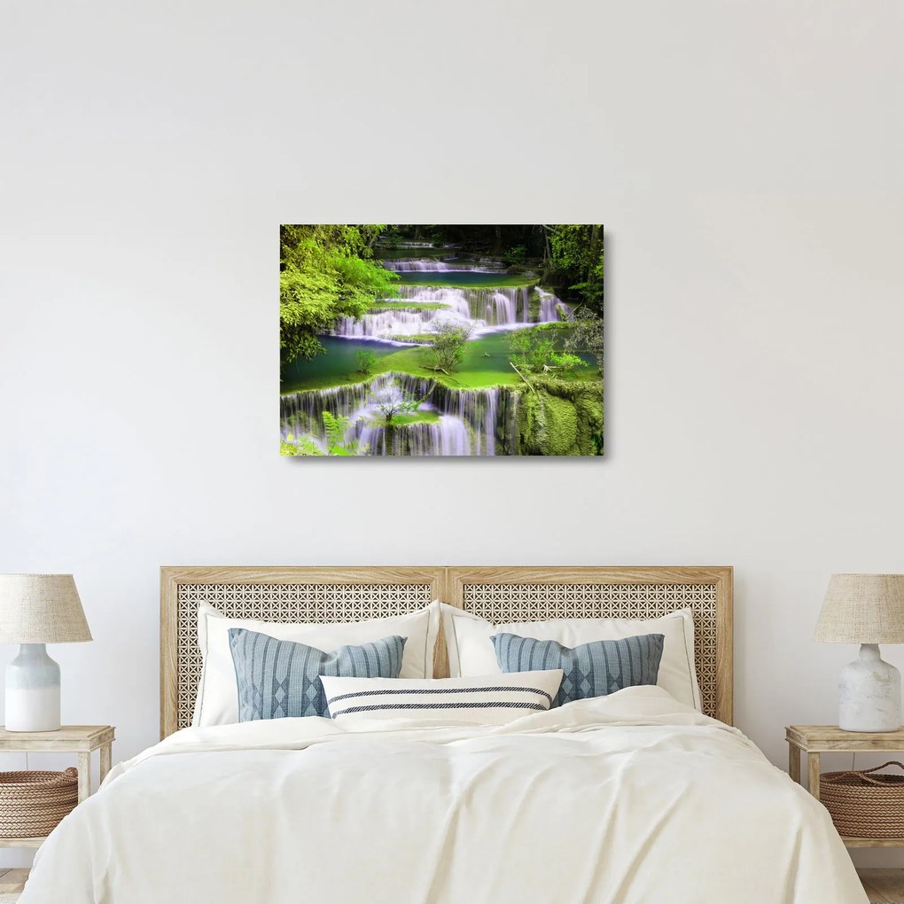 Sklenený obraz - Vodopády Huay Mae Khamin, Kanchanaburi, Thajsko (70x50 cm)