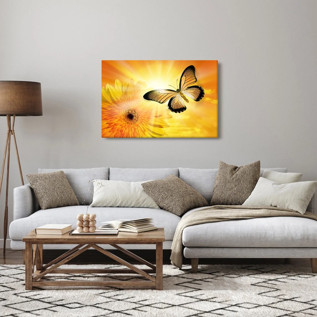 Obraz - Žltý motýľ s kvetom (90x60 cm)