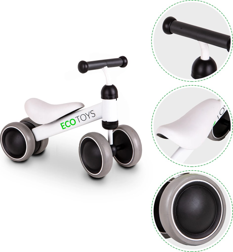 ECOTOYS mini odrážadlo pre deti biele 18–36 mesiacov, dvojité predné kolesá, s blokádou