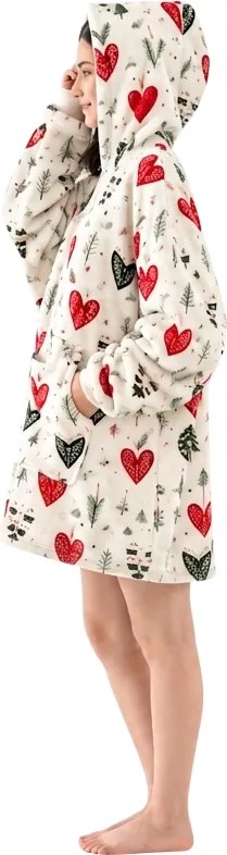 Baránková mikinová deka s rukávmi a kapucňou WINTER HEARTS, farebná