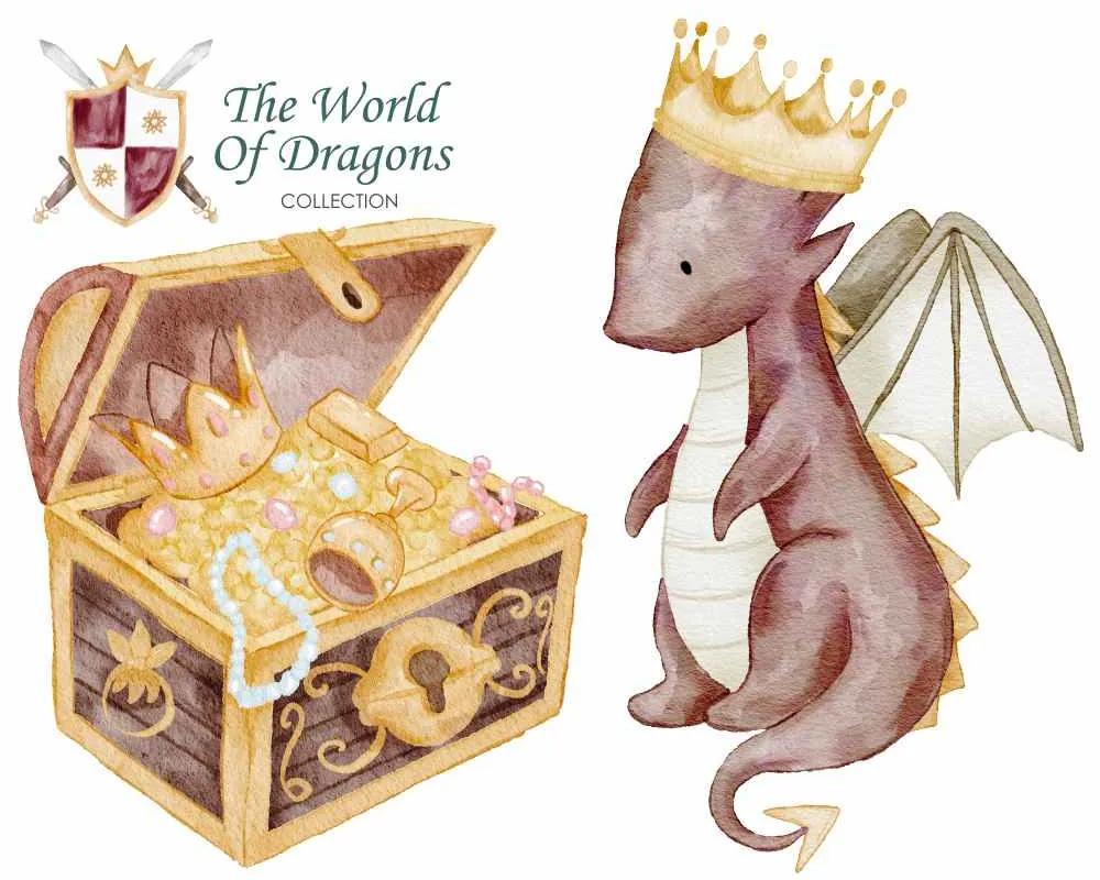 Gario Detská nálepka na stenu The world of dragons - drak s korunou a pokladom Rozmery: 110 x 90 cm
