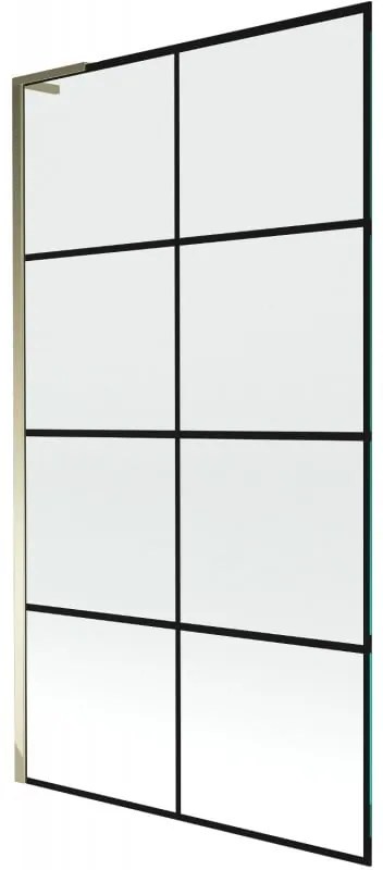 Mexen Next L, 1-krídlová vaňová zástena 100 x 150 cm, 6mm číre sklo-čierny vzor, zlatý lesklý profil, 895-100-000-03-77-50