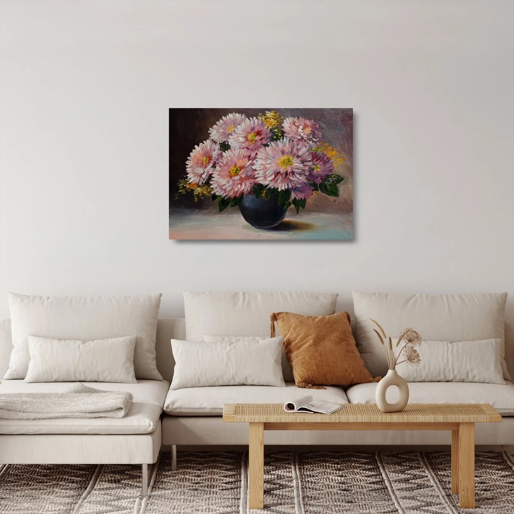 Sklenený obraz - Olejomaľba, Kvety vo váze (70x50 cm)