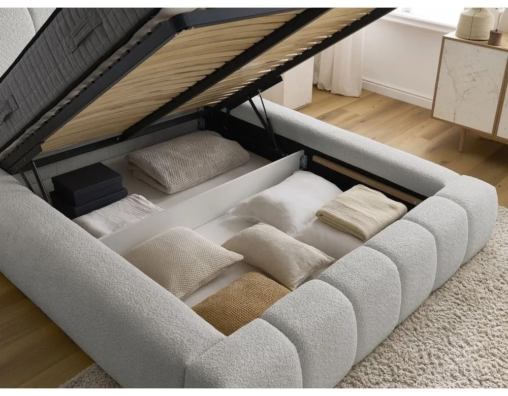 Svetlosivá čalúnená dvojlôžková posteľ s úložným priestorom s roštom 180x200 cm Denali – Bobochic Paris