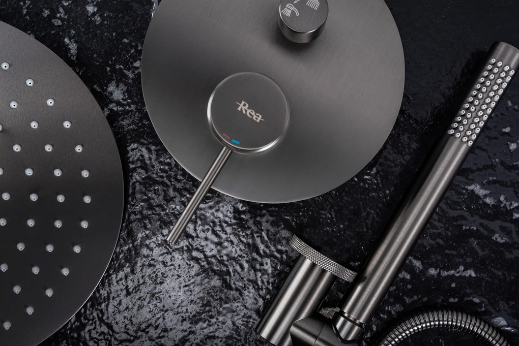 Sprchový komplet REA LUNGO GRIP + BOX s podomietkovou batériou, gun grey