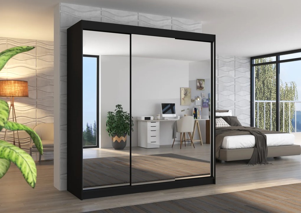 ŠATNÍKOVÁ SKRIŇA S POSUVNÝMI DVERAMI SVEZIA ČIERNA SO ZRKADLAMI 200 cm