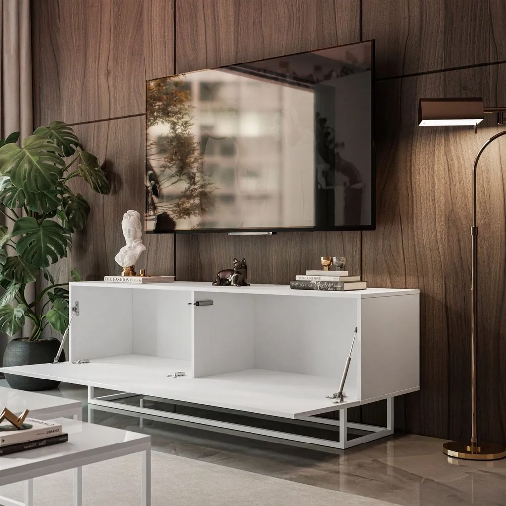 TV STOLÍK ELEGANTE 150 cm BIELY VYSOKÝ LESK + BIELY OCEĽOVÝ PODSTAVEC