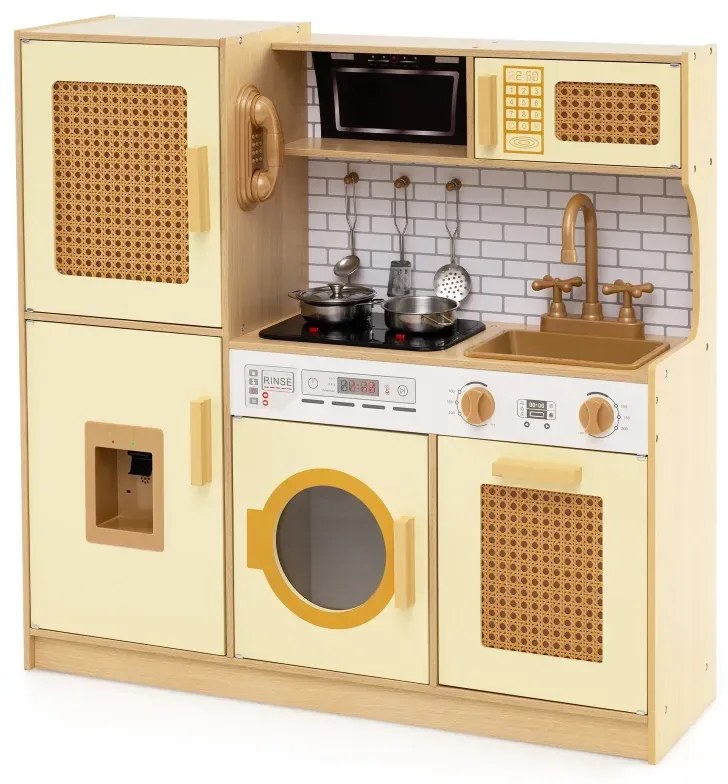 Detská kuchynka s ratanovými dvierkami a svetlom, zvukom a chladničkou, hračkárska kuchynka, žltá