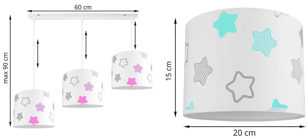 Detské závesné svietidlo Cone, 3x textilné tienidlo so vzorom (výber zo 6 farieb), (výber z 2 farieb konštrukcie)