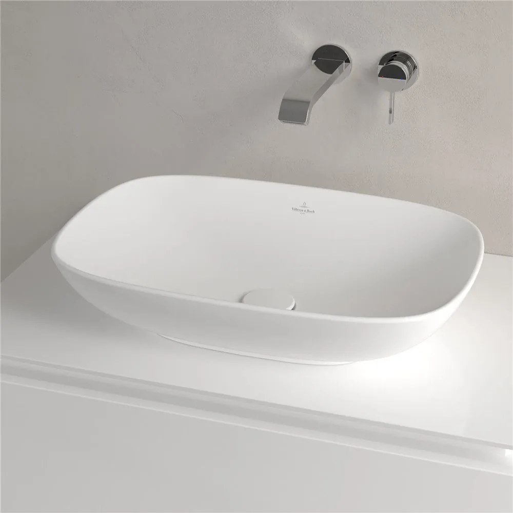 VILLEROY &amp; BOCH Loop &amp; Friends obdĺžnikové umývadlo na dosku bez otvoru, s prepadom, 560 x 380 mm, Stone White, s povrchom CeramicPlus, 4A4900RW