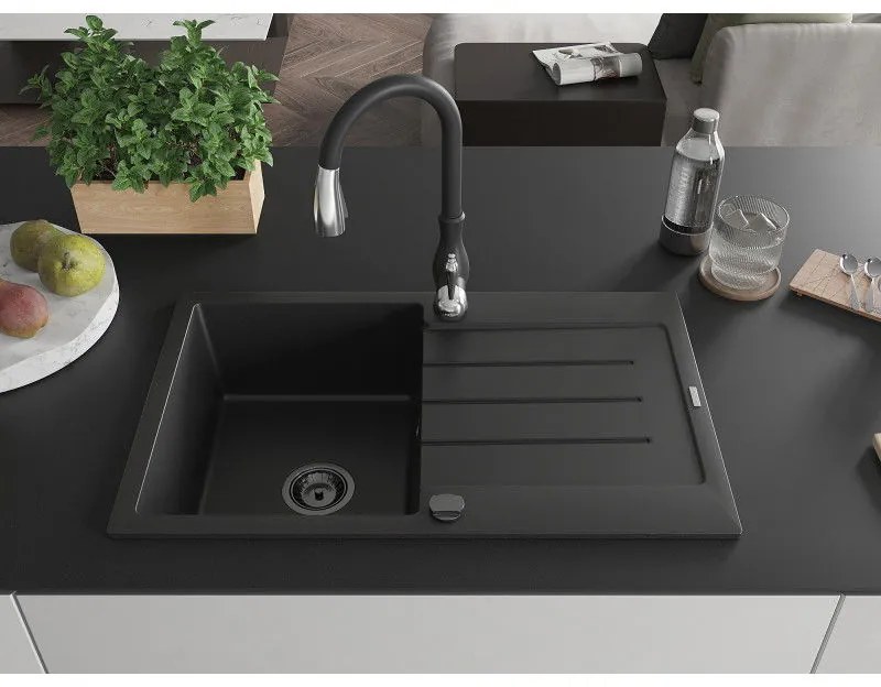 Mexen Bruno, 1-komorový granitový drez 795x495x200 mm a drezová batéria Savita, čierna, 6513-77-672601-70-B