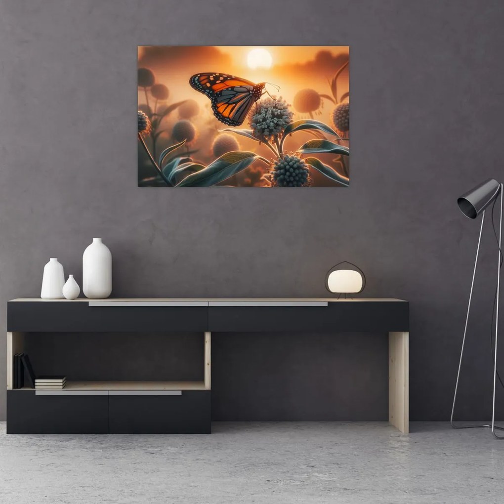 Obraz – Motýľ v zapadajúcom slnku (90x60 cm)