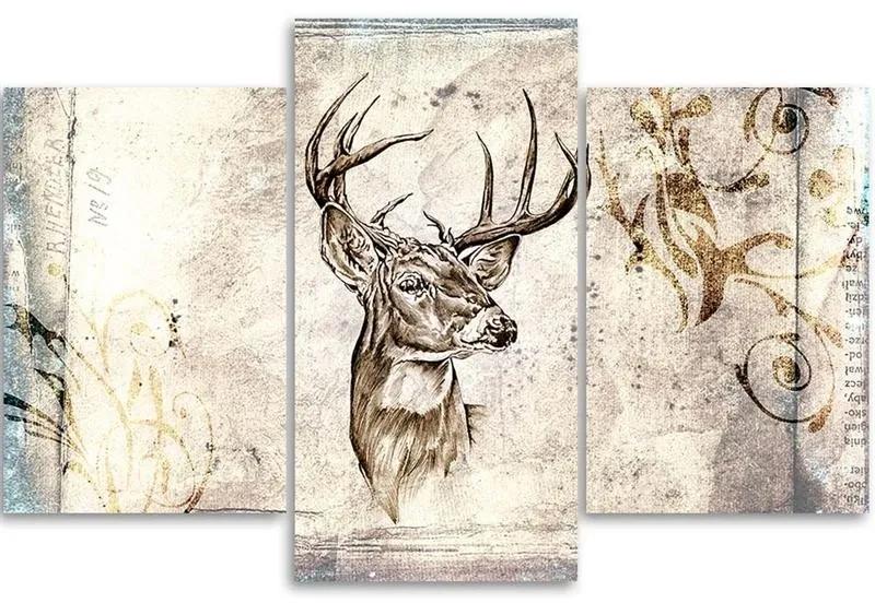 Obraz na plátně třídílný Deer Animal Vintage Beige - 120x80 cm