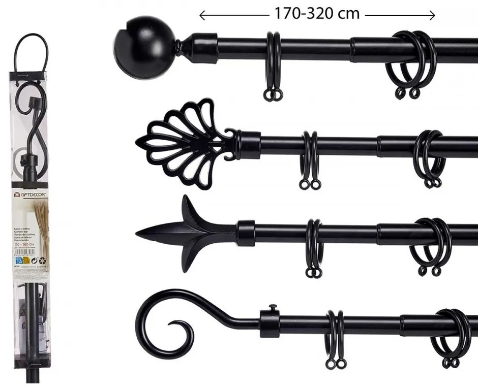 Čierna kovová garniža VALANCE GLOBE 170-320 cm