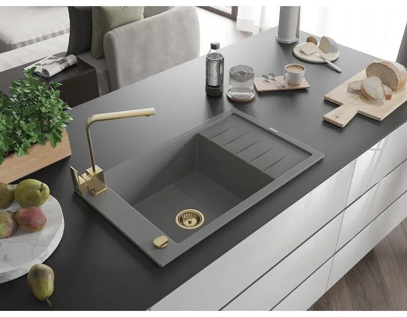 Mexen Elias, granitový drez granitový 795x480x200 mm, 1-komorový, šedá so zlatým sifónom a zlatá drezová batéria Rita, 6511-71-670300-50