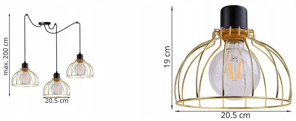 Závesné svietidlo MOBI SPIDER, 3x zlaté drôtené tienidlo, (výber z 2 farieb konštrukcie)