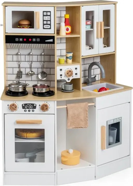 Detská kuchynka z dreva Detská kuchynka so svetlom, zvukom, sporákom, drezom, odsávačom pár a strojčekom na výrobu ľadu,