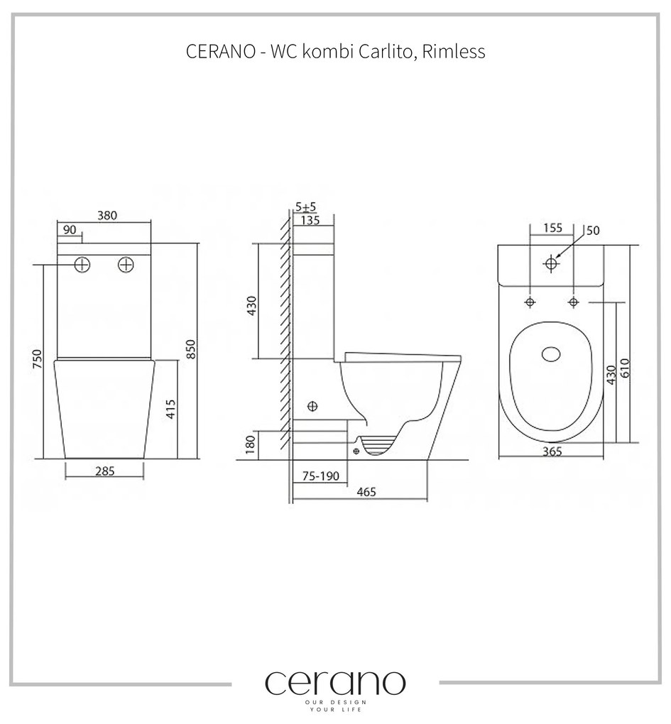 Cerano Carlito, WC kombi Rimless 610x365x850 mm, spodný/zadný odpad + UF toaletné sedátko, biela lesklá, CER-CER-417383