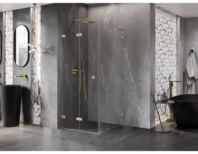 Mexen Lunar-F L, skladací sprchový kút ľavý 80 x 80 cm, 8mm číre sklo, zlatý matný profil, 836L-080-080-55-00-L