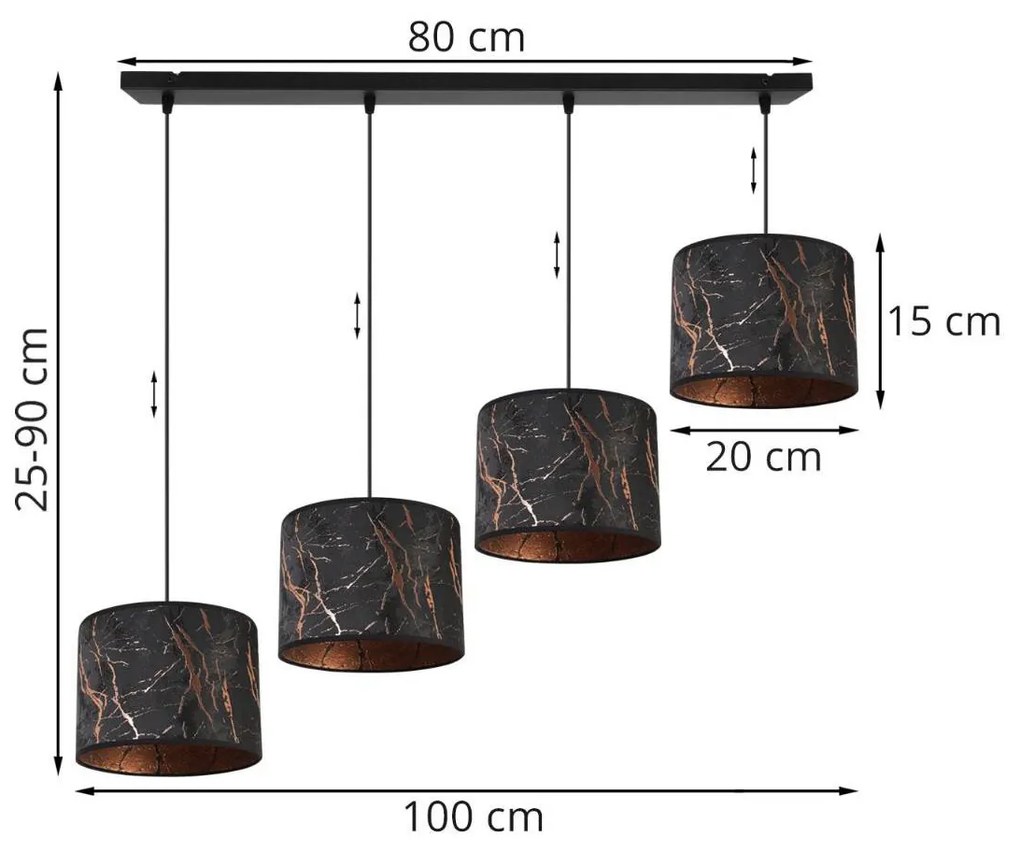 Závesné svietidlo Werona 3, 4x čierne textilné tienidlo so vzorom, c