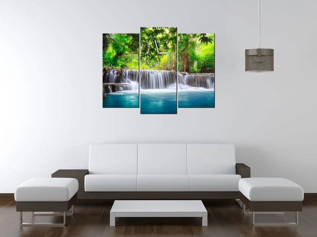 Gario Obraz s hodinami Číry vodopád v džungli - 3 dielny Rozmery: 90 x 70 cm