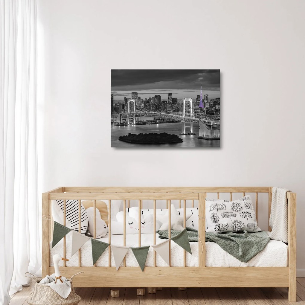 Sklenený obraz - Veľkomesto s fialovou vežou (70x50 cm)
