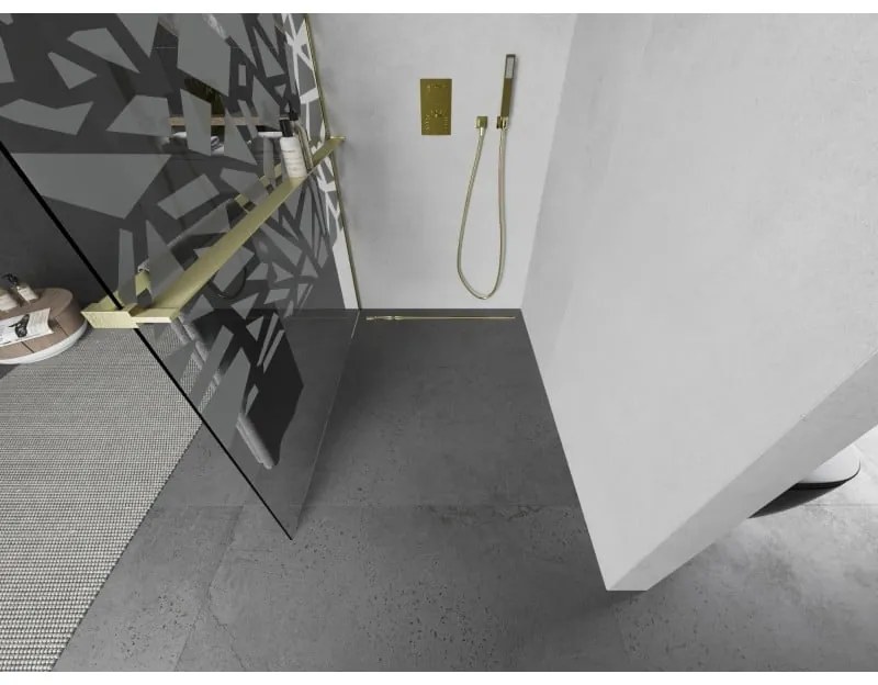 Mexen Kioto+ L, sprchová zástena Walk-In s poličkou a vešiakom 100 x 200 cm, 8mm číre sklo biely vzor, zlatý matný profil, 800-100-123-55-85