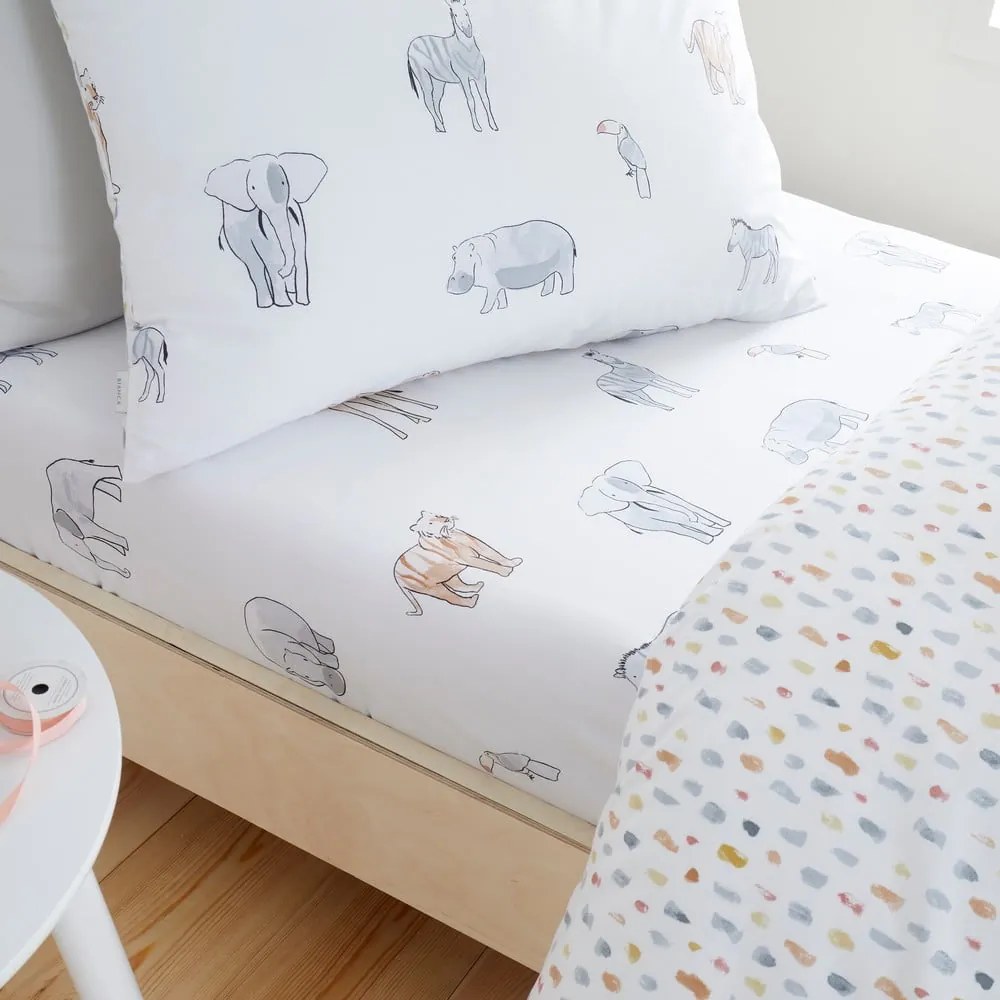 Biela napínacia bavlnená detská plachta na jednolôžko 90x190 cm Zoo Animals – Bianca