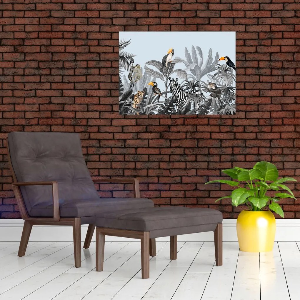 Sklenený obraz zvierat v tropickom lese (70x50 cm)