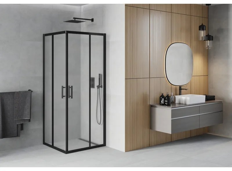 Mexen Rio, štvorcový sprchovací kút s posuvnými dverami 70(dvere) x 70(dvere) x 190 cm, 6mm sklo námraza, čierny profil, 860-070-070-70-30
