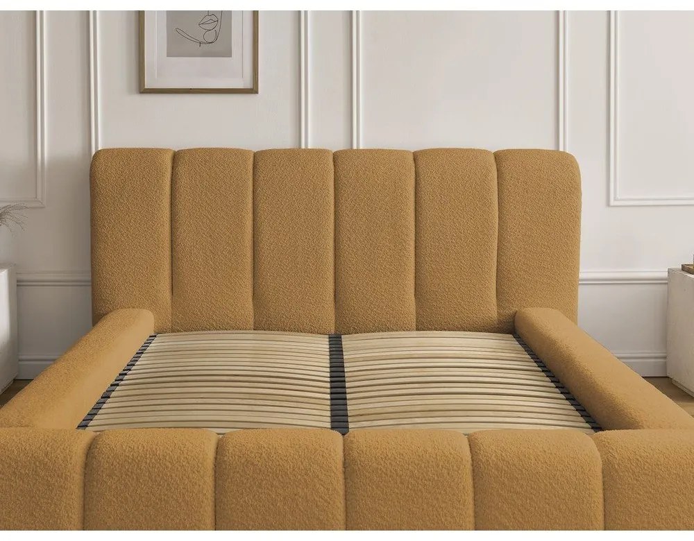 Čalúnená dvojlôžková posteľ s úložným priestorom s roštom 160x200 cm v horčicovej farbe Denali – Bobochic Paris