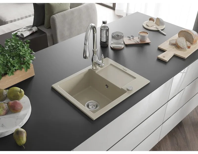 Mexen Enzo, 1-komorový granitový drez 576x465x174 mm a drezová batéria Savita, béžová, 6506-69-672601-00