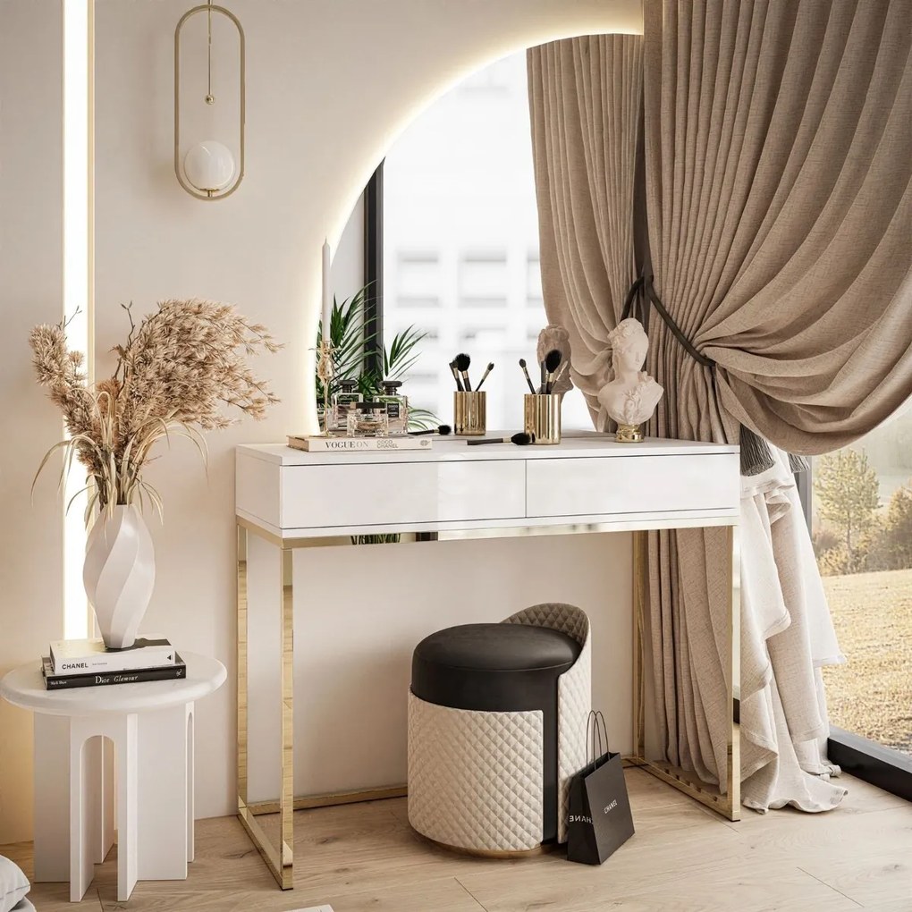 TOALETNÝ STOLÍK EMELINE BIELY + ZLATÝ LESK LED ZRKADLO