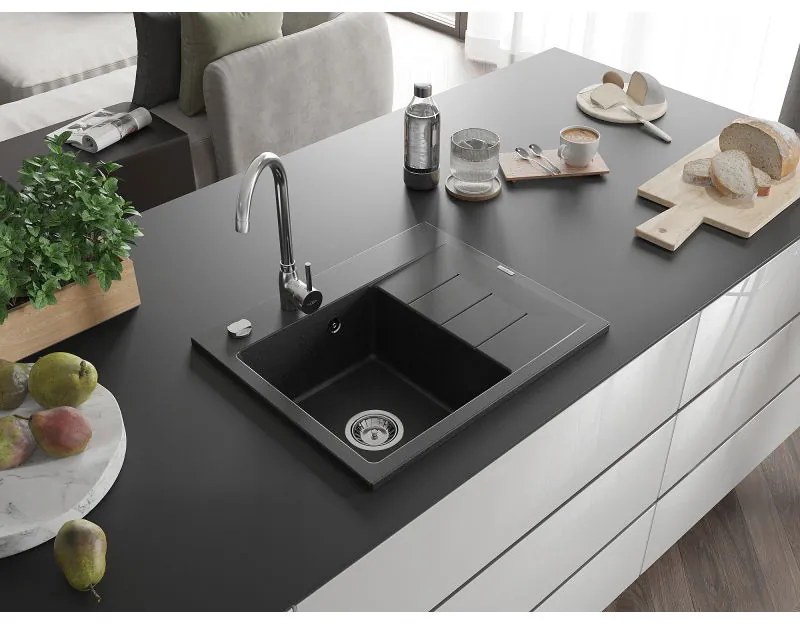 Mexen Ben, 1-komorový granitový drez 600x500x190 mm, ľavý+ chrómový sifón, čierna-strieborná metalíza, 6522605000-73