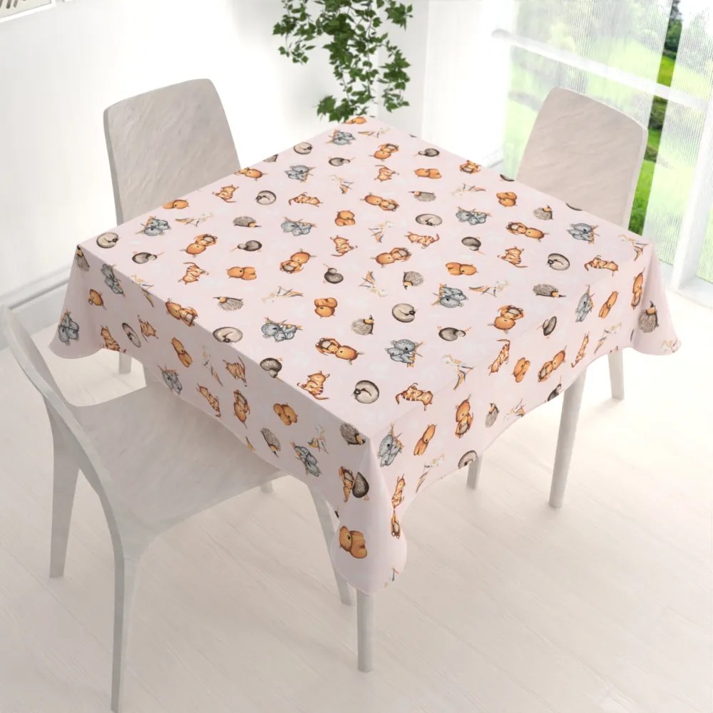 Biante Detský bavlnený štvorcový obrus Sandra SA-533 Austrálske zvieratká na ružovom 140x140 cm