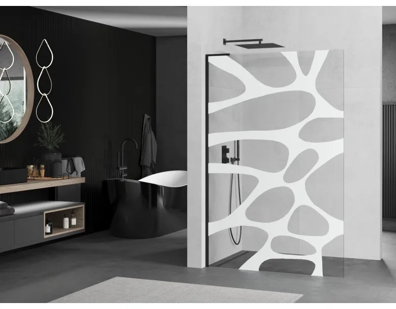 Mexen Kioto L, sprchová zástena Walk-In 110 x 200 cm, 8mm číre sklo biely vzor, čierny profil, 800-110-103-70-97