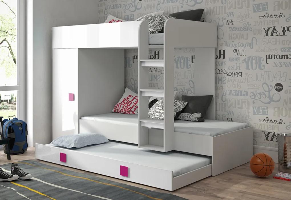Detská poschodová posteľ LEON 2, 254,5x165x94,5, biela/biela lesk/ružové úchyty, pravá