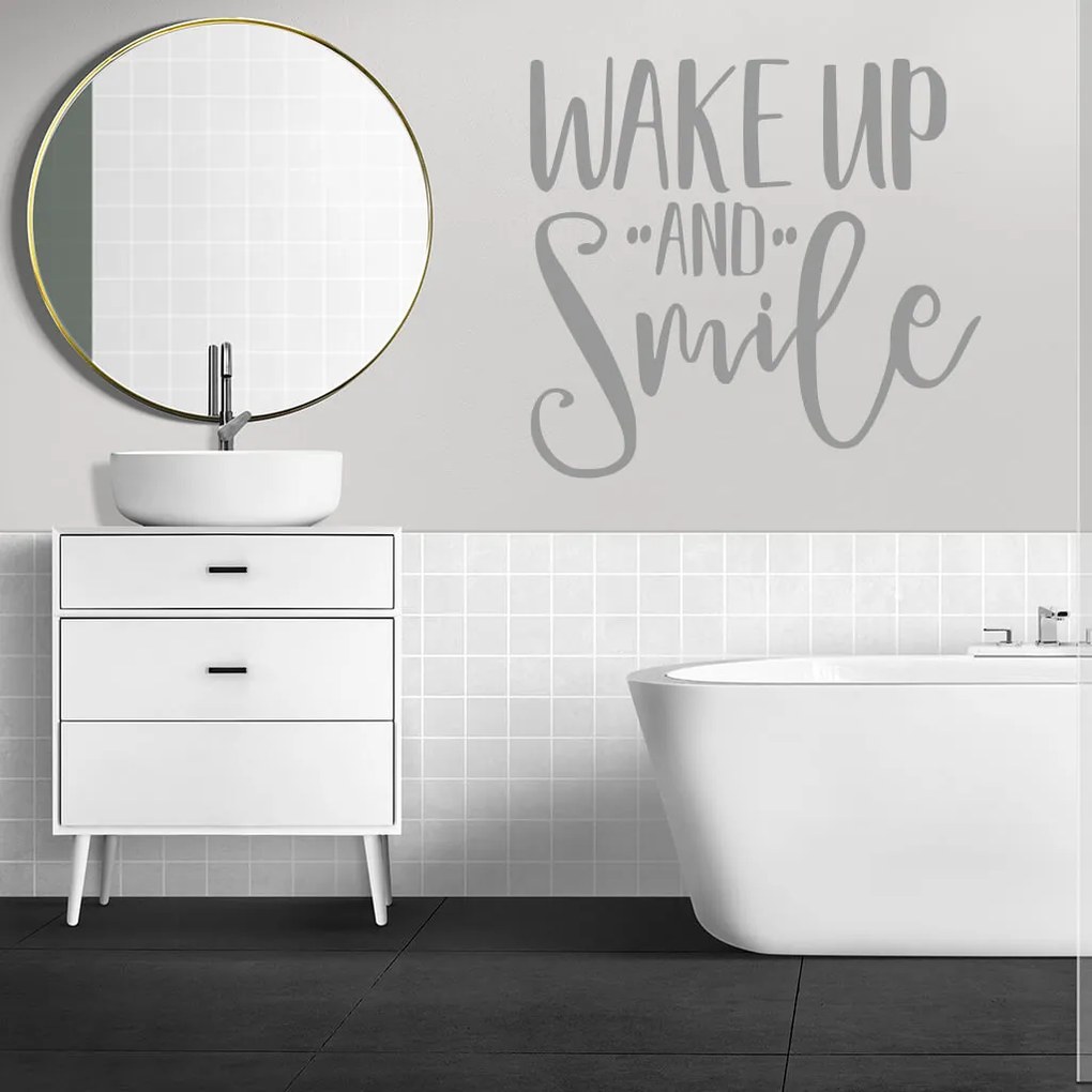 Veselá Stena Samolepka Nápis Wake up and Smile Farba: oranžová, Veľkosť: 40 x 37 cm