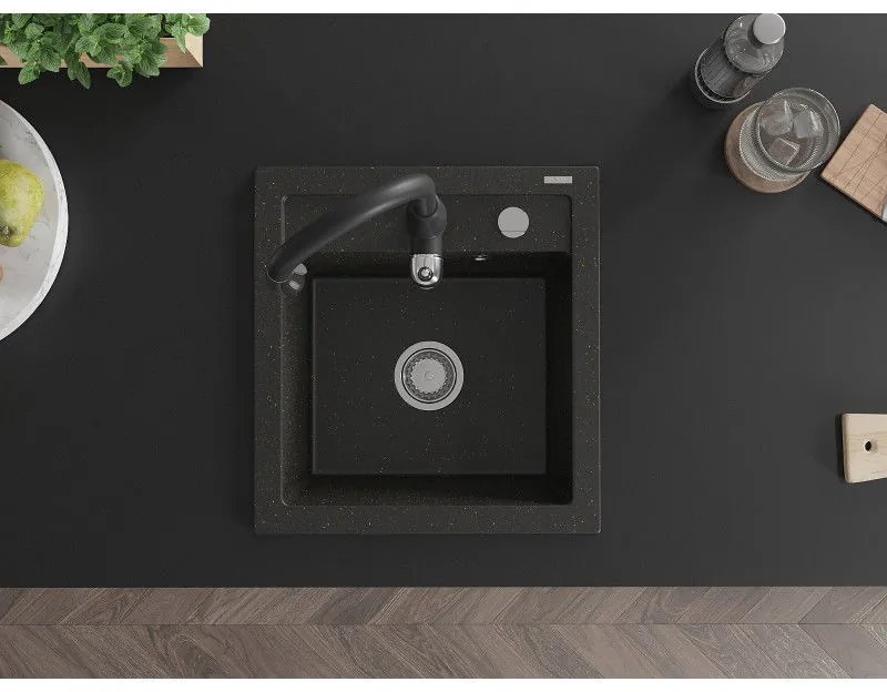 Mexen Vito, 1-komorový granitový drez 520x490x210 mm a drezová batéria Savita, čierna-zlatá metalíza, 6503-75-672601-70